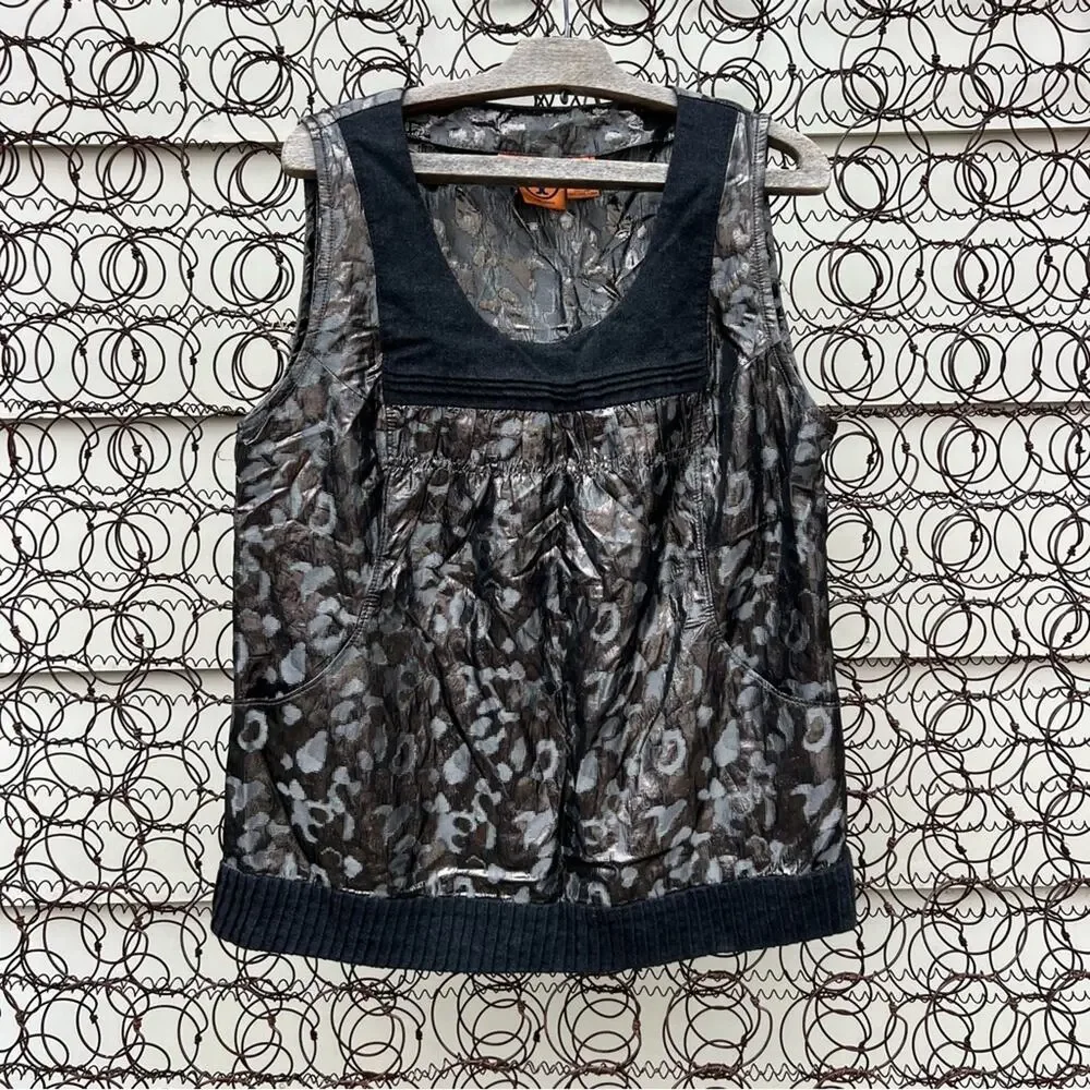 Tory Burch Claire Metallic Black Cheetah Sleeveless Knit Top Shirt Sz 14